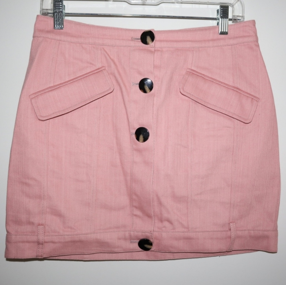 New w/ tag J.ing button down denim mini skirt pastel petal pink jean L unique